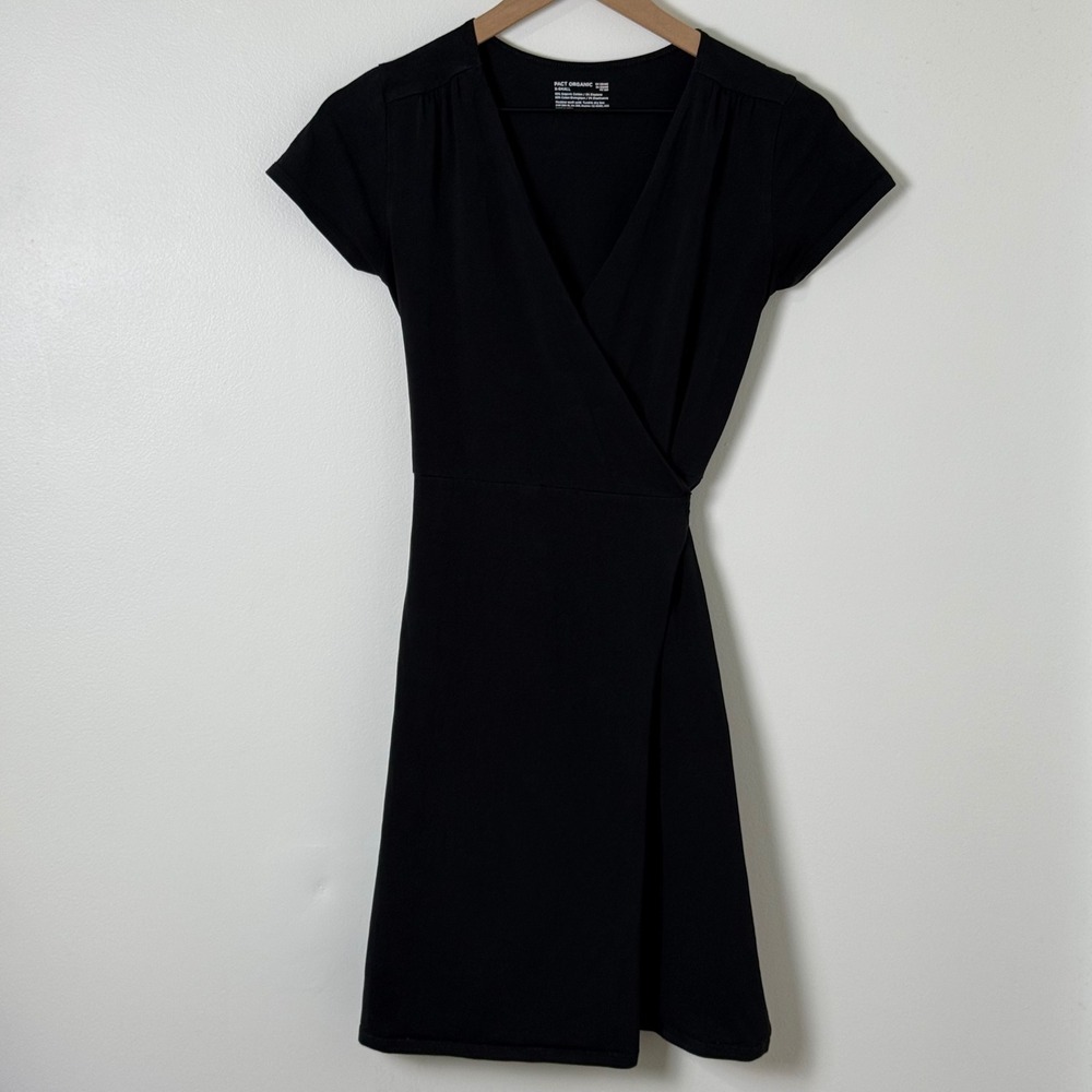 Pact Organic Wrap Dress Womens XS Black Short Sleeve V-Neck Cotton Mini LBD